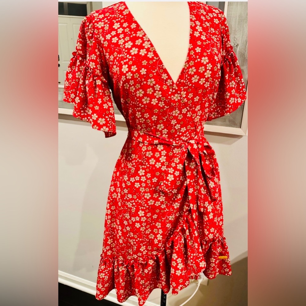 Red with Flowers Wrap Dress - Size S